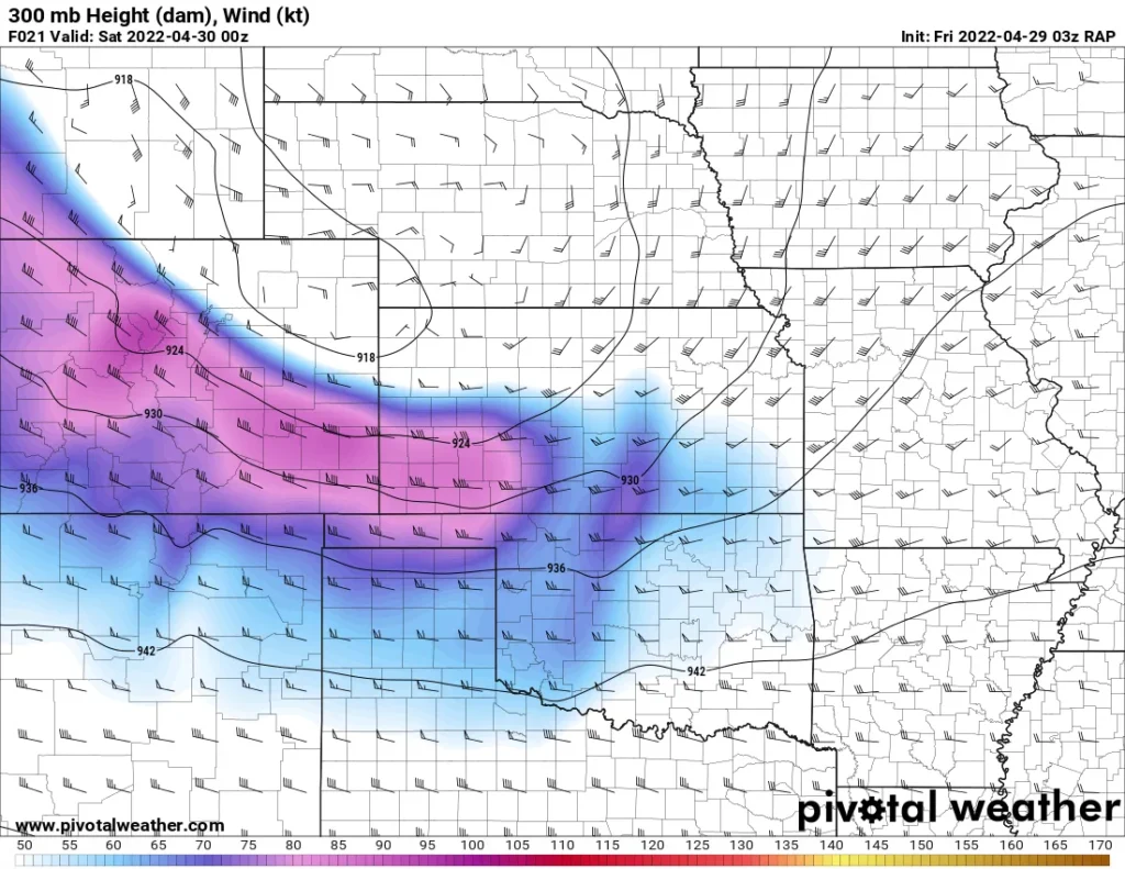 2022-04-29 03Z RAP 21hr forecast 300mb Height & Wind